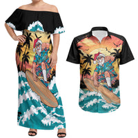 Vintage Santa Claus Surfing Summer Couples Matching Off Shoulder Maxi Dress and Hawaiian Shirt Mele Kalikimaka i Iulai! LT9 Black - Polynesian Pride