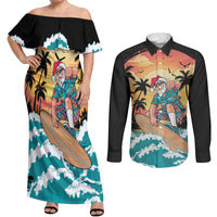 Vintage Santa Claus Surfing Summer Couples Matching Off Shoulder Maxi Dress and Long Sleeve Button Shirt Mele Kalikimaka i Iulai! LT9 Black - Polynesian Pride