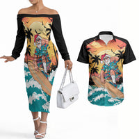 Vintage Santa Claus Surfing Summer Couples Matching Off The Shoulder Long Sleeve Dress and Hawaiian Shirt Mele Kalikimaka i Iulai! LT9 Black - Polynesian Pride