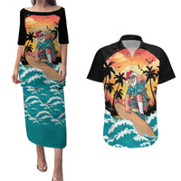 Vintage Santa Claus Surfing Summer Couples Matching Puletasi and Hawaiian Shirt Mele Kalikimaka i Iulai!