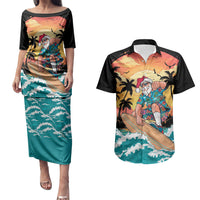 Vintage Santa Claus Surfing Summer Couples Matching Puletasi and Hawaiian Shirt Mele Kalikimaka i Iulai! LT9 Black - Polynesian Pride