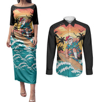 Vintage Santa Claus Surfing Summer Couples Matching Puletasi and Long Sleeve Button Shirt Mele Kalikimaka i Iulai! LT9 Black - Polynesian Pride