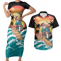 Vintage Santa Claus Surfing Summer Couples Matching Short Sleeve Bodycon Dress and Hawaiian Shirt Mele Kalikimaka i Iulai! LT9 Black - Polynesian Pride