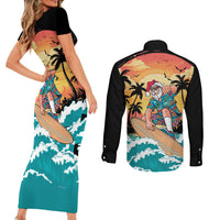 Vintage Santa Claus Surfing Summer Couples Matching Short Sleeve Bodycon Dress and Long Sleeve Button Shirt Mele Kalikimaka i Iulai!