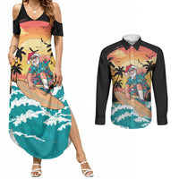Vintage Santa Claus Surfing Summer Couples Matching Summer Maxi Dress and Long Sleeve Button Shirt Mele Kalikimaka i Iulai! LT9 Black - Polynesian Pride