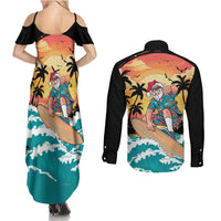 Vintage Santa Claus Surfing Summer Couples Matching Summer Maxi Dress and Long Sleeve Button Shirt Mele Kalikimaka i Iulai!