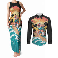 Vintage Santa Claus Surfing Summer Couples Matching Tank Maxi Dress and Long Sleeve Button Shirt Mele Kalikimaka i Iulai! LT9 Black - Polynesian Pride