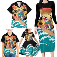 Vintage Santa Claus Surfing Summer Family Matching Long Sleeve Bodycon Dress and Hawaiian Shirt Mele Kalikimaka i Iulai!