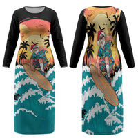Vintage Santa Claus Surfing Summer Family Matching Long Sleeve Bodycon Dress and Hawaiian Shirt Mele Kalikimaka i Iulai! LT9 Mom's Dress Black - Polynesian Pride