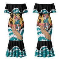 Vintage Santa Claus Surfing Summer Family Matching Mermaid Dress and Hawaiian Shirt Mele Kalikimaka i Iulai! LT9 Mom's Dress Black - Polynesian Pride