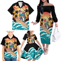 Vintage Santa Claus Surfing Summer Family Matching Off The Shoulder Long Sleeve Dress and Hawaiian Shirt Mele Kalikimaka i Iulai!