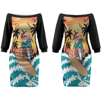 Vintage Santa Claus Surfing Summer Family Matching Off The Shoulder Long Sleeve Dress and Hawaiian Shirt Mele Kalikimaka i Iulai! LT9 Mom's Dress Black - Polynesian Pride