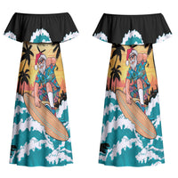 Vintage Santa Claus Surfing Summer Family Matching Off Shoulder Maxi Dress and Hawaiian Shirt Mele Kalikimaka i Iulai! LT9 Mom's Dress Black - Polynesian Pride