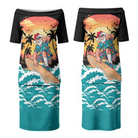 Vintage Santa Claus Surfing Summer Family Matching Puletasi and Hawaiian Shirt Mele Kalikimaka i Iulai! LT9 Mom's Dress Black - Polynesian Pride