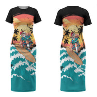 Vintage Santa Claus Surfing Summer Family Matching Short Sleeve Bodycon Dress and Hawaiian Shirt Mele Kalikimaka i Iulai! LT9 Mom's Dress Black - Polynesian Pride