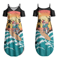 Vintage Santa Claus Surfing Summer Family Matching Summer Maxi Dress and Hawaiian Shirt Mele Kalikimaka i Iulai! LT9 Mom's Dress Black - Polynesian Pride