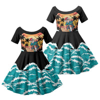 Vintage Santa Claus Surfing Summer Family Matching Summer Maxi Dress and Hawaiian Shirt Mele Kalikimaka i Iulai! LT9 Daughter's Dress Black - Polynesian Pride