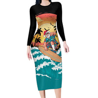 Vintage Santa Claus Surfing Summer Long Sleeve Bodycon Dress Mele Kalikimaka i Iulai!