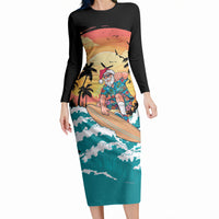 Vintage Santa Claus Surfing Summer Long Sleeve Bodycon Dress Mele Kalikimaka i Iulai! LT9 Long Dress Black - Polynesian Pride