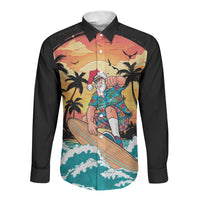 Vintage Santa Claus Surfing Summer Long Sleeve Button Shirt Mele Kalikimaka i Iulai! LT9 Unisex Black - Polynesian Pride