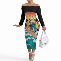 Vintage Santa Claus Surfing Summer Off The Shoulder Long Sleeve Dress Mele Kalikimaka i Iulai! LT9 Women Black - Polynesian Pride