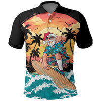 Vintage Santa Claus Surfing Summer Polo Shirt Mele Kalikimaka i Iulai! LT9 Black - Polynesian Pride