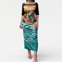 Vintage Santa Claus Surfing Summer Puletasi Mele Kalikimaka i Iulai! LT9 Long Dress Black - Polynesian Pride