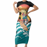 Vintage Santa Claus Surfing Summer Short Sleeve Bodycon Dress Mele Kalikimaka i Iulai! LT9 Long Dress Black - Polynesian Pride