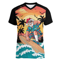 Vintage Santa Claus Surfing Summer Women V-Neck T-Shirt Mele Kalikimaka i Iulai!