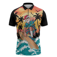 Vintage Santa Claus Surfing Summer Zipper Polo Shirt Mele Kalikimaka i Iulai! LT9 Black - Polynesian Pride