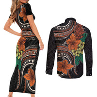 Vintage Hibiscus Pacific Floral Couples Matching Short Sleeve Bodycon Dress and Long Sleeve Button Shirt