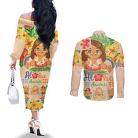 Kawaii Hula Girls Couples Matching Off The Shoulder Long Sleeve Dress and Long Sleeve Button Shirt Aloha Hibiscus Flowers