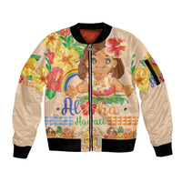 Kawaii Hula Girls Sleeve Zip Bomber Jacket Aloha Hibiscus Flowers