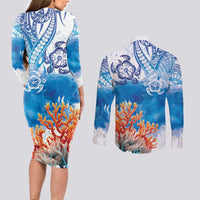 Hibiscus Turtle Tattoo Coral Reef Couples Matching Long Sleeve Bodycon Dress and Long Sleeve Button Shirt with Polynesian Tribal