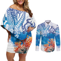 Hibiscus Turtle Tattoo Coral Reef Couples Matching Off Shoulder Short Dress and Long Sleeve Button Shirt with Polynesian Tribal
