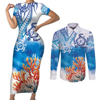 Hibiscus Turtle Tattoo Coral Reef Couples Matching Short Sleeve Bodycon Dress and Long Sleeve Button Shirt with Polynesian Tribal