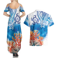 Hibiscus Turtle Tattoo Coral Reef Couples Matching Summer Maxi Dress and Hawaiian Shirt with Polynesian Tribal