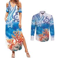 Hibiscus Turtle Tattoo Coral Reef Couples Matching Summer Maxi Dress and Long Sleeve Button Shirt with Polynesian Tribal