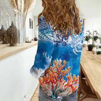 Hibiscus Turtle Tattoo Coral Reef Women Casual Shirt with Polynesian Tribal