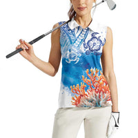 Hibiscus Turtle Tattoo Coral Reef Women Sleeveless Polo Shirt with Polynesian Tribal