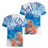 Hibiscus Turtle Tattoo Coral Reef Women V-Neck T-Shirt with Polynesian Tribal
