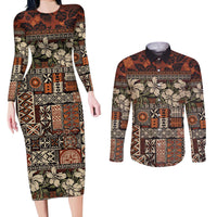 Pacific Hibiscus Tapa Tribal Vintage Couples Matching Long Sleeve Bodycon Dress and Long Sleeve Button Shirt Brown Motif
