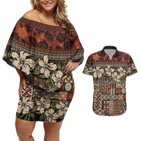 Pacific Hibiscus Tapa Tribal Vintage Couples Matching Off Shoulder Short Dress and Hawaiian Shirt Brown Motif