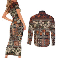 Pacific Hibiscus Tapa Tribal Vintage Couples Matching Short Sleeve Bodycon Dress and Long Sleeve Button Shirt Brown Motif