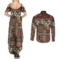 Pacific Hibiscus Tapa Tribal Vintage Couples Matching Summer Maxi Dress and Long Sleeve Button Shirt Brown Motif