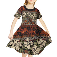 Pacific Hibiscus Tapa Tribal Vintage Kid Short Sleeve Dress Brown Motif