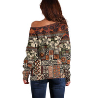 Pacific Hibiscus Tapa Tribal Vintage Off Shoulder Sweater Brown Motif