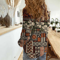 Pacific Hibiscus Tapa Tribal Vintage Women Casual Shirt Brown Motif