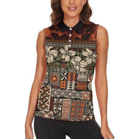 Pacific Hibiscus Tapa Tribal Vintage Women Sleeveless Polo Shirt Brown Motif