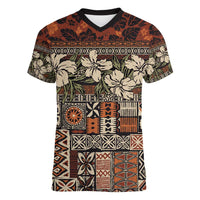 Pacific Hibiscus Tapa Tribal Vintage Women V-Neck T-Shirt Brown Motif